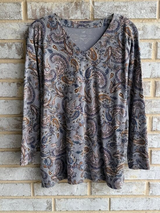 J. Jill Tops - J. Jill 100% Supima Cotton Long Sleeve V-Neck Paisley Blouse Women's Size XS